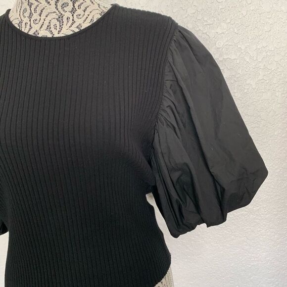En Saison Maxime Puff Sleeve Ribbed Knit Backless Tied Blouse in Black Size M - Picture 7 of 12